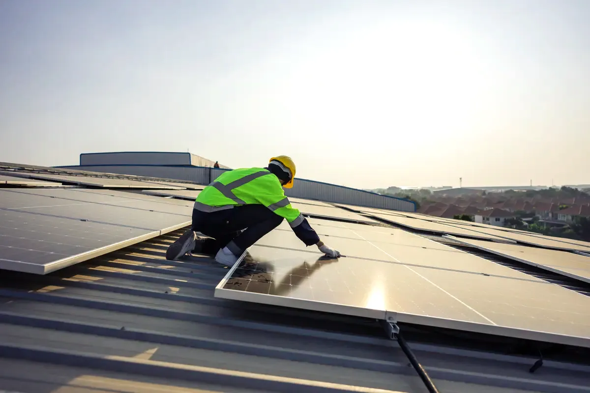 Técnico revisando un panel solar en una vivienda de Esplugues de Llobregat, junto a Barcelona